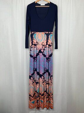 Weekend Juniors Bodycon Maxi Dress Large Long Sleeve Boho Print Colorful Resort